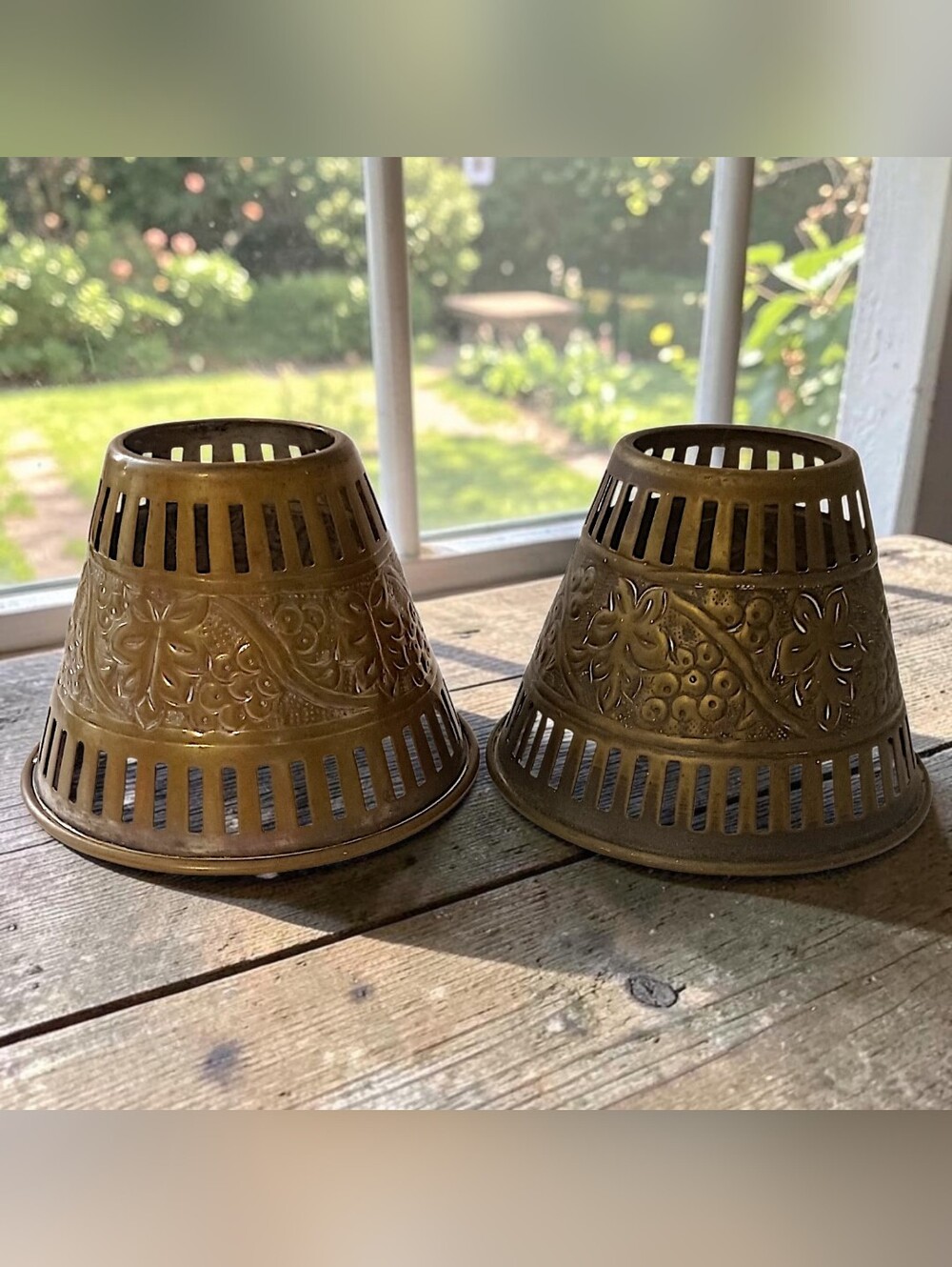 2‎ Vintage Brass Candle Votive Shades Pair Pierced Embossed Grape Floral Patina